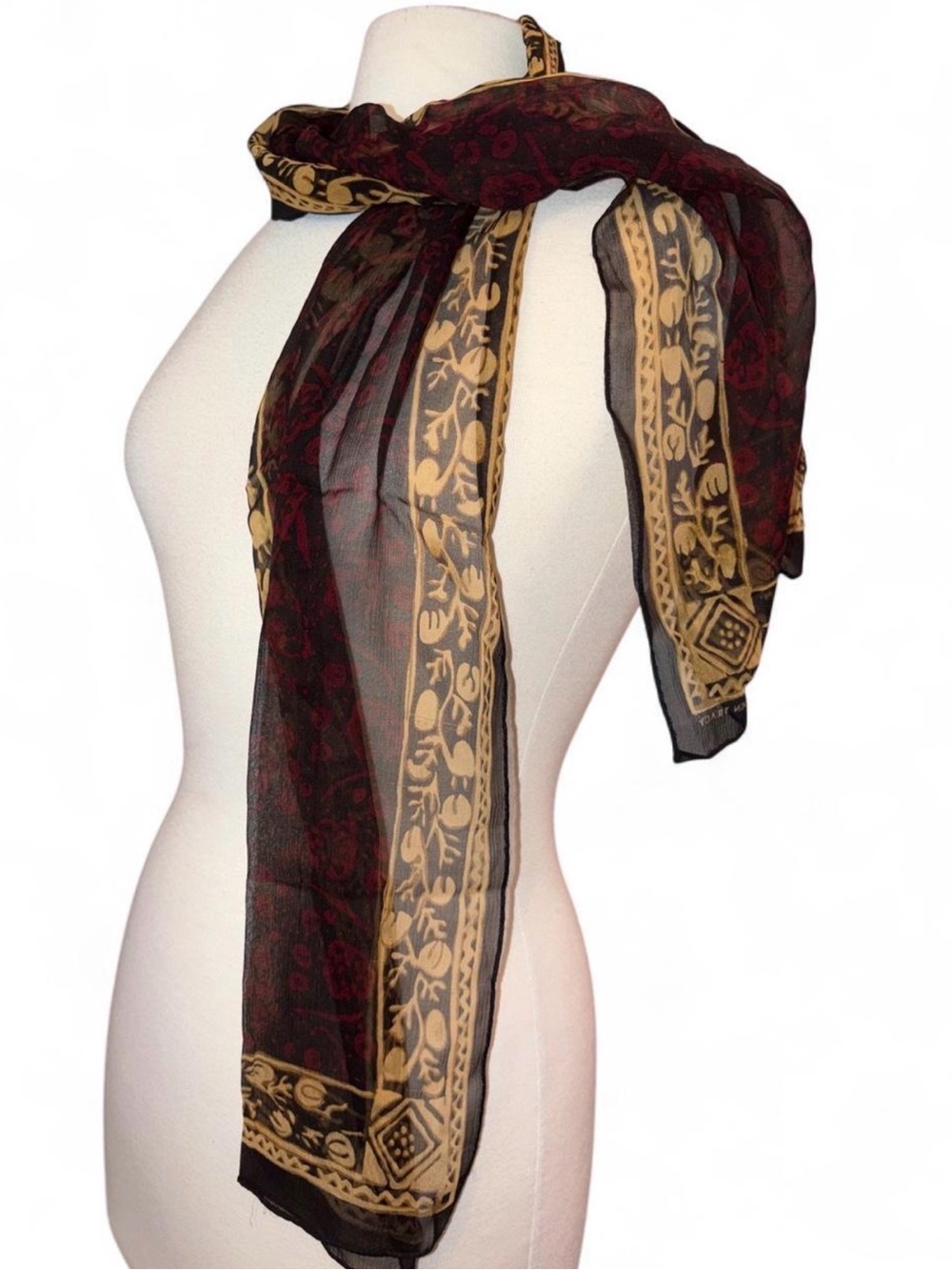 Sheer Burgundy and Gold Patterned Scarf - Women's Accessory